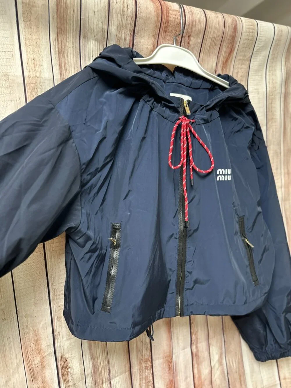 Miu Miu Navy Cropped Hooded Windbreaker Jacket M - Picture 6 of 8